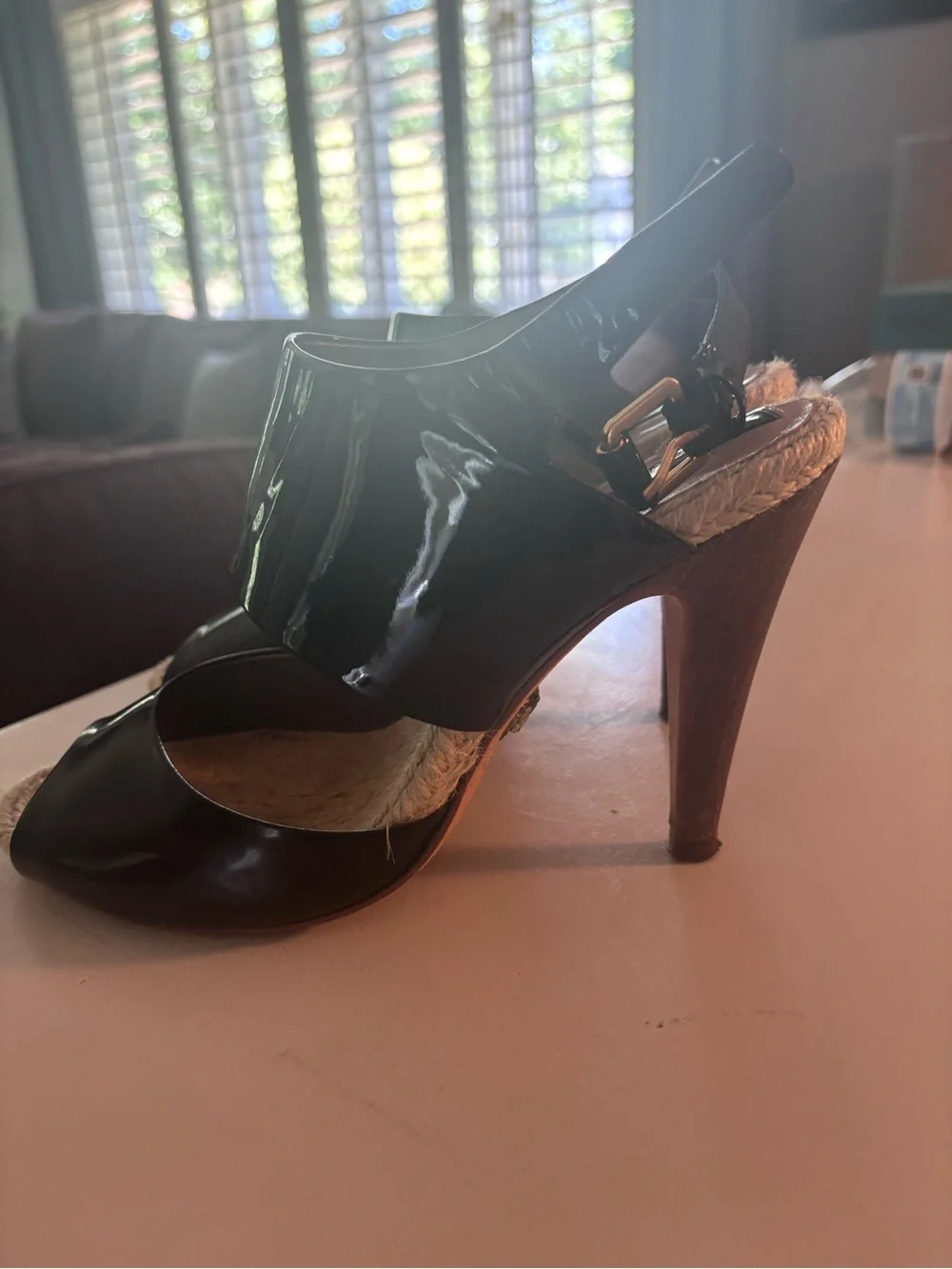 BCBGMaxAzria Black Patent Peep-Toe Slingback Heels with Woven Insole